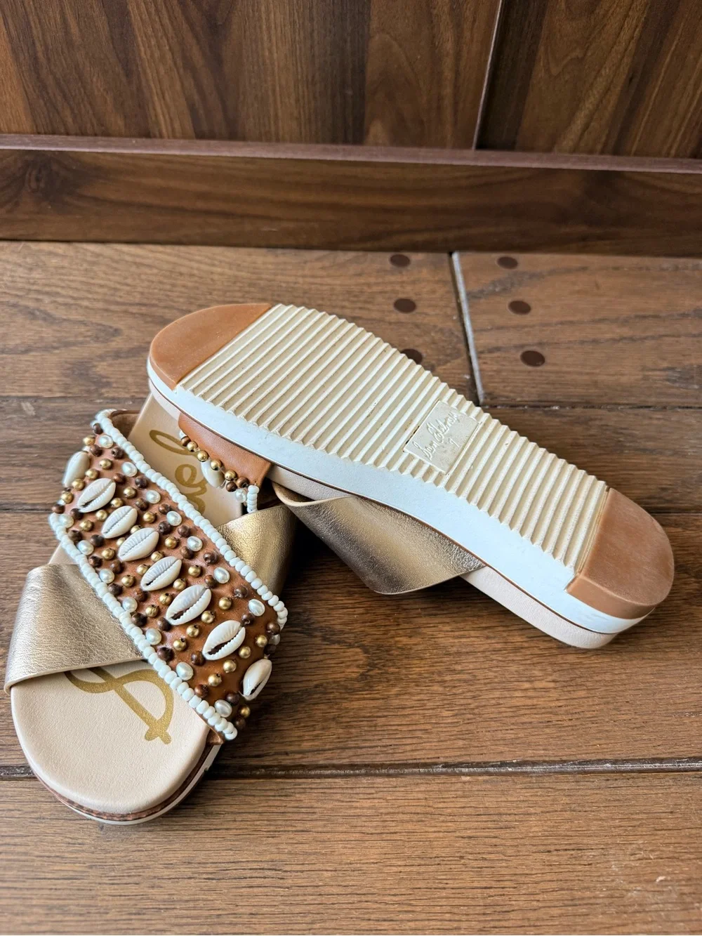 Sam Edelman Metallic Gold Beaded Cowrie Slide Sandals
